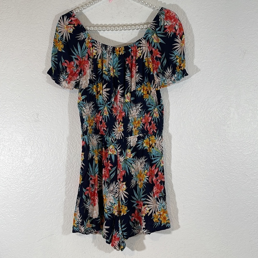 Xhilaration Romper Medium Navy Colorful Floral Off the Shoulder Size Small New - Picture 3 of 8